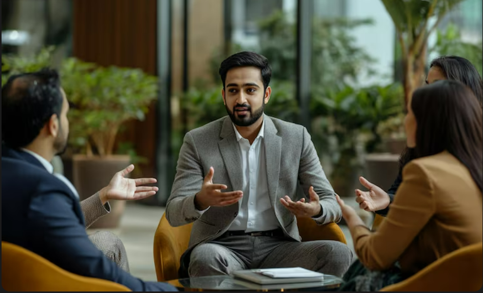 A man with glasses talking to a woman with a man in a blue shirt doing Workplace Wellness Consulting